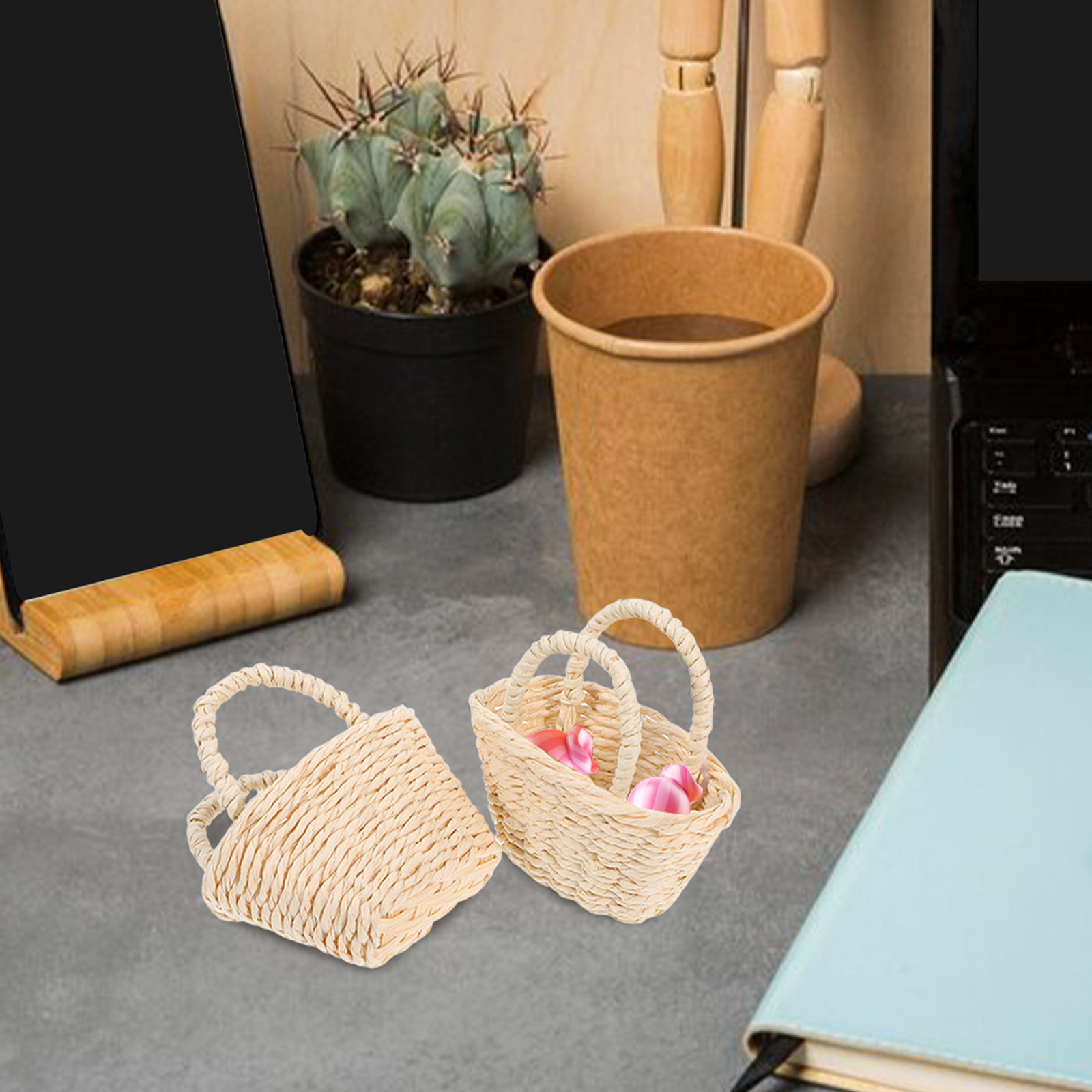 2Pcs Mini Raffia Handle Basket - Desk Setup Diy recension och pris